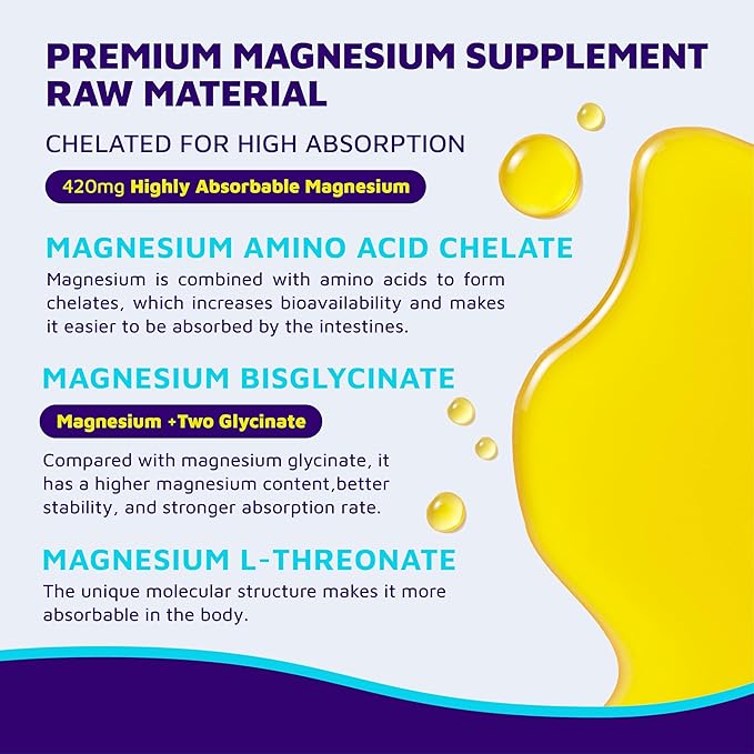 420 Mg Magnesium Bisglycinate L-Threonate Amino Acid Chelated Supplement with Vitamin and Potassium High Absorption Formula for Muscle Relaxation Bone & Joint Support Magnesium Complex Capsules(60)
