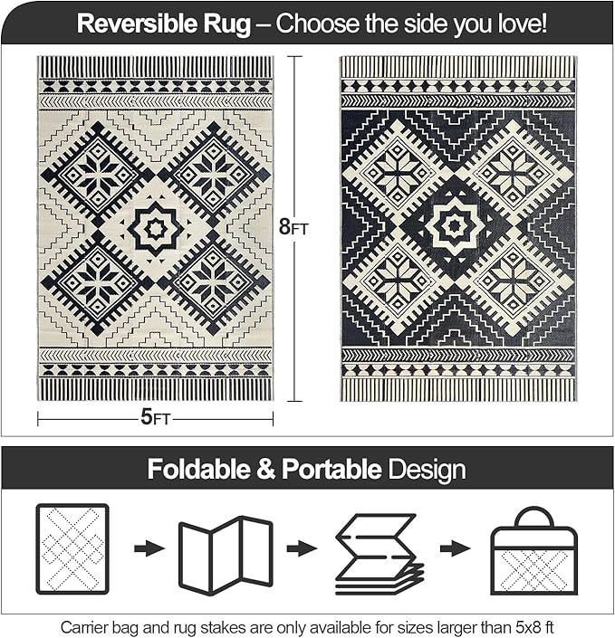 Waterproof Outdoor Rug 5x8ft, Boho Reversible Plastic Straw Mat for Patio RV Deck Porch Backyard Balcony Camping Picnic Beach Indoor Outdoor Carpet, Black&Beige