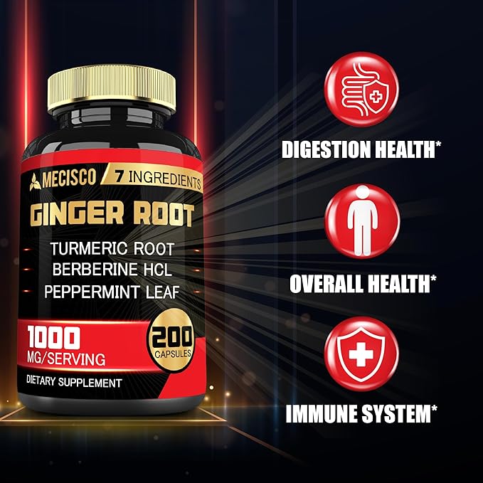 7-in-1 Ginger Root Supplement with Turmeric Curcumin, Berberine, Peppermint Leaf, Astragalus Root, Ceylon Cinnamon, Beet Root - 200 Capsules