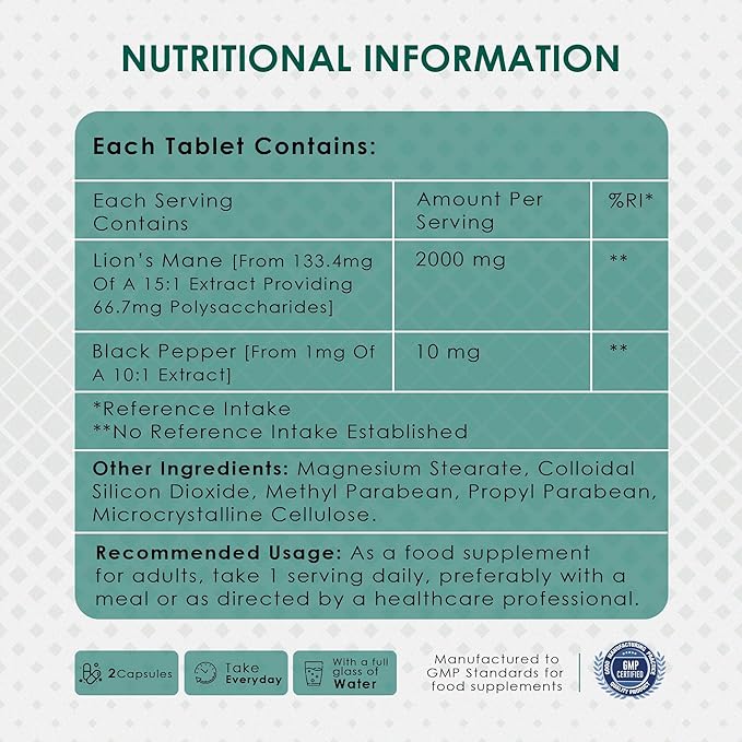 AMBROSIAL Lion's Mane with Black Pepper - 2000 mg Pack of 1-120 Tablets