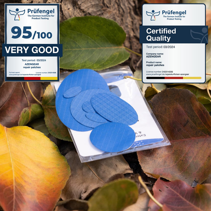 aZengear Down Jacket Repair Patches | Pre-Cut, Self-Adhesive, Soft, Waterproof, Tear-Resistant Rip-Stop Nylon Fabric to Fix Holes in Clothing, Sleeping Bags, Ski Pants (11 Pieces, Blue)