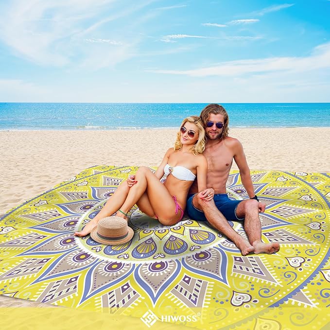 Beach Blanket Waterproof Sandproof Oversized 95”x 80”,Sand Free Beach Mat with Corner Pockets,Portable Mesh Bag for Beach Festival,Picnic,Travel and Outdoor Camping (Yellowtan)