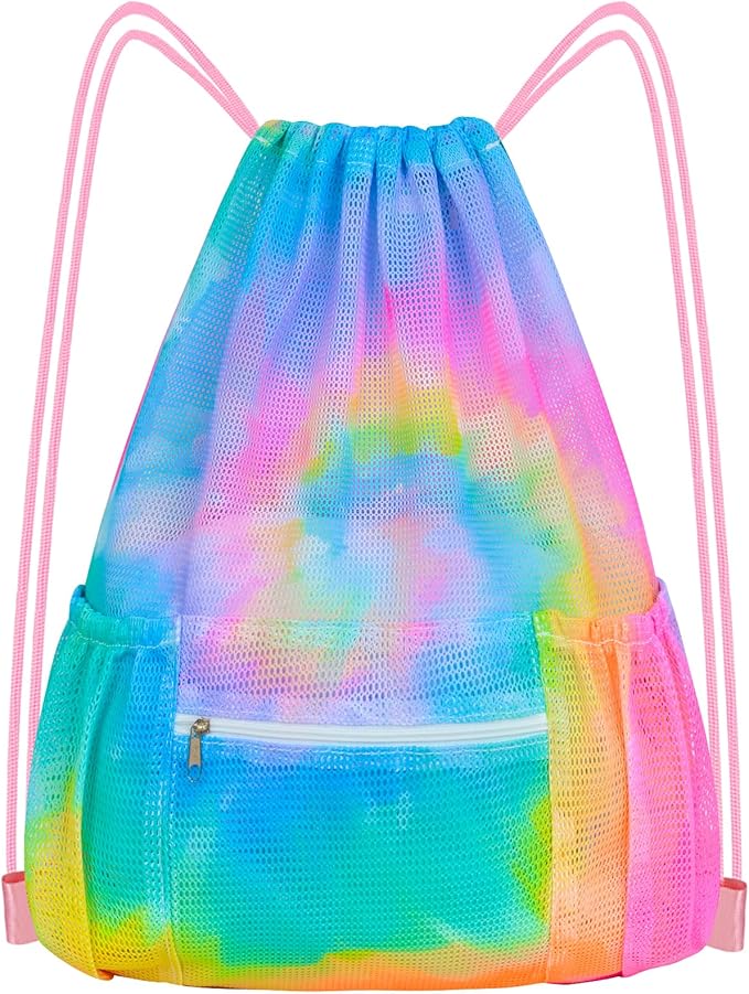 Mesh Drawstring Backpack, Large Sports Gym Bag for Women Kids with Pocket and Zipper Sackpack for Beach Yoga Football Soccer (Tie Dye Yellow)