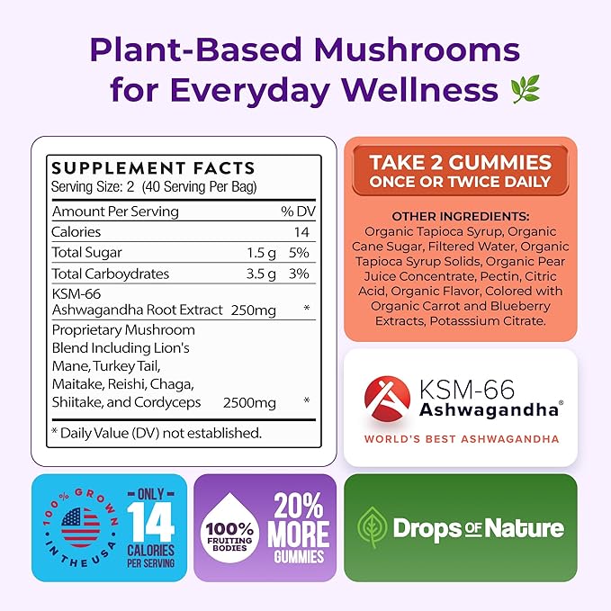 Ashwagandha Gummies and Lions Mane Mushroom Gummies Supplement - Organic - Reishi, Cordyceps, Turkey Tail, Maitake, Shitake, Chaga - Immune Defense, Boosts Cognitive Performance, Vegan, Low Carb