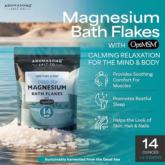 Aromasong RAW Magnesium Flakes + OptiMSM for Soaking 14 Oz. Resealable Pack - Muscle Relaxing Organic Bath Salts Magnesium Chloride Flakes.