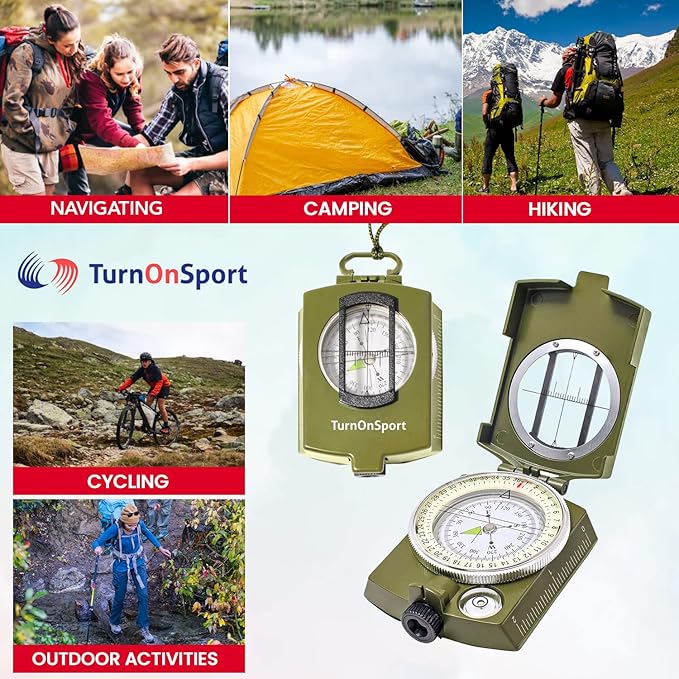 TurnOnSport Lensatic Military Compass - Tritium Compass with Pouch for Hiking, Camping, Backpacking & Survival Navigation