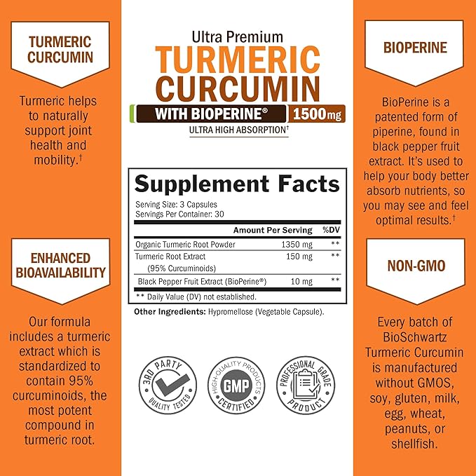 Turmeric Curcumin with Black Pepper Extract 1500mg - High Absorption Ultra Potent Turmeric Supplement with 95% Curcuminoids and BioPerine - Non GMO Tumeric Capsules for Joint Support - 90 Capsules