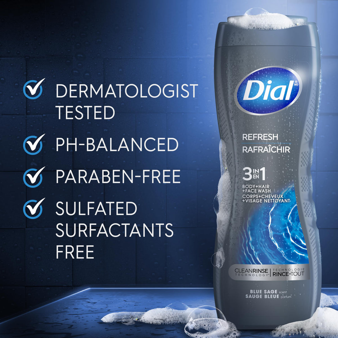 Dial Men 3in1 Body, Hair and Face Wash, Hydro Fresh, 16 fl oz, Pack of 6