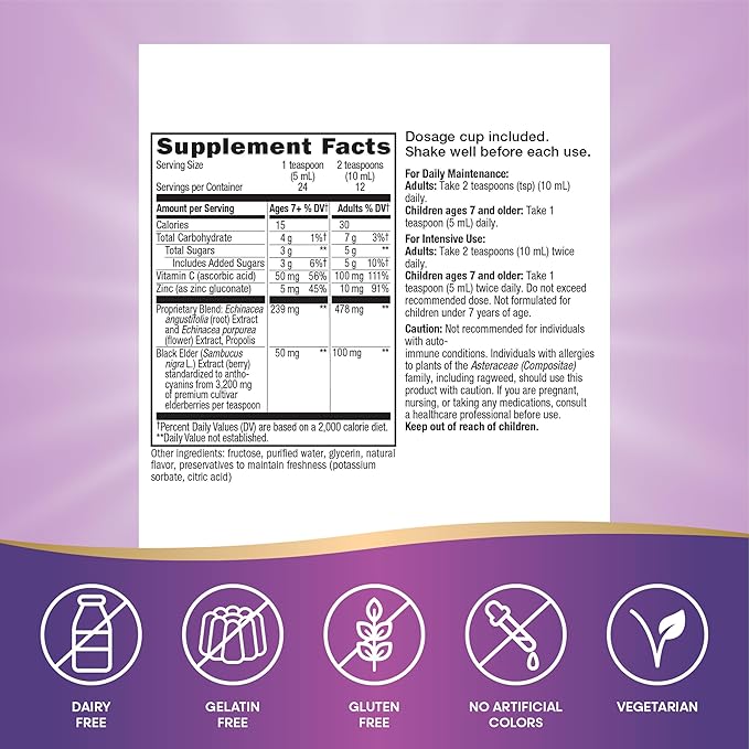 Nature's Way Sambucus Immune Syrup, Elderberry Extract, Vitamin C, Zinc, Echinacea, Propolis, Daily Immune Support*, Antioxidant Support*, Gluten free, Vegetarian, 8 Fl Oz