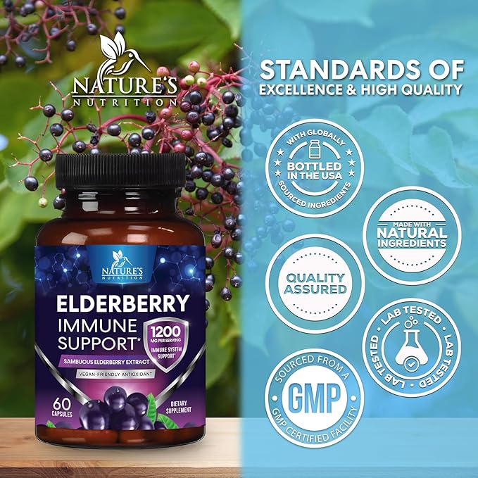 Elderberry Immune Support Extract Capsules - Daily Immune Support for Adults with Natural Sambucus Black Elderberry Antioxidant - No Sugar & Gluten Free Vitamin, Non-GMO Supplement - 60 Capsules