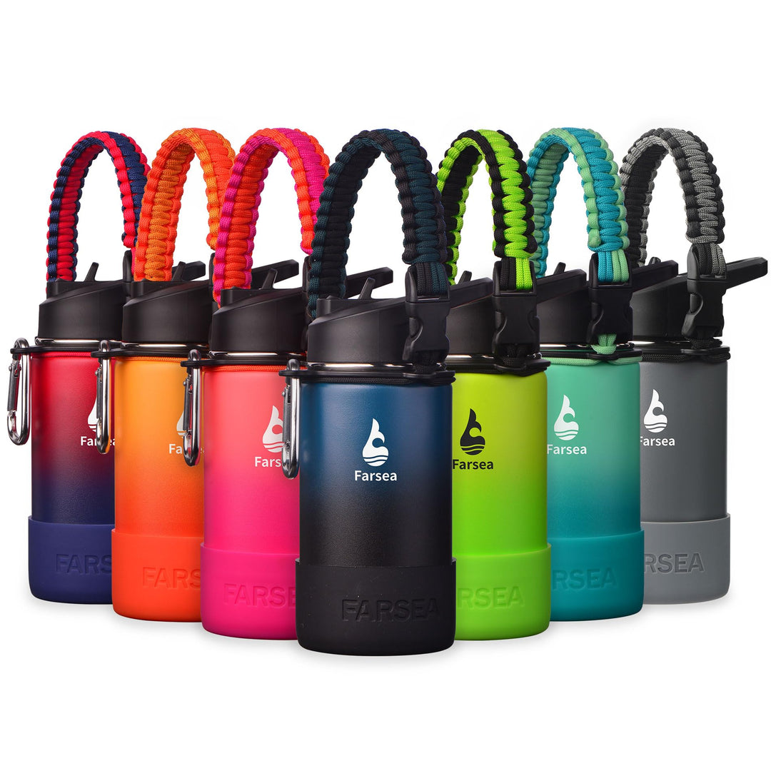 Farsea Insulated Water Bottle With Paracord Handle, Protective Silicone Boot and 2 Lids (Straw Lid & Spout Lid), Stainless Steel Water Bottle Wide Mouth, Double Wall Sweat-Proof BPA-Free,12 oz