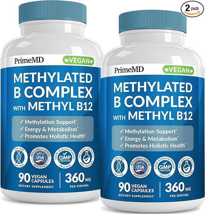 Methylated B Complex with Methylfolate and B12 Methylcobalamin 1000 mcg - Methylated Multivitamin for Energy, Brain Function, and Wellness - Vitamin B Complex for Men & Women (90 Servings) (Pack of 2)