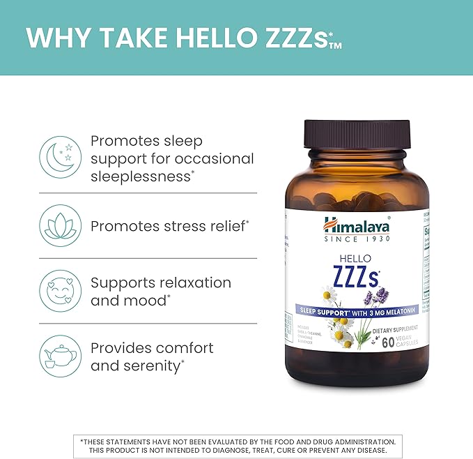 Himalaya Hello ZZZs with GABA, L-Theanine and Melatonin 3mg for Sleep Support and Occasional Sleeplessness, 60 Capsules, 2 Month Supply