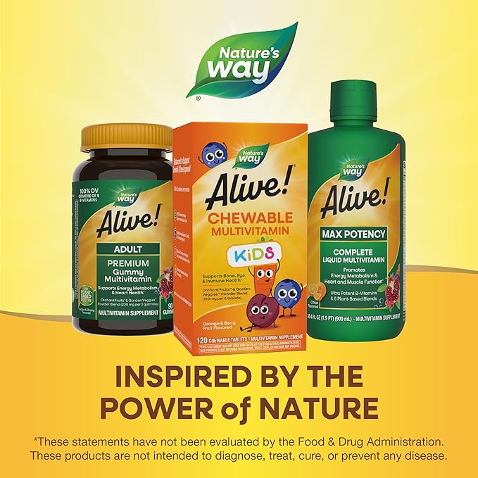 Nature's Way Alive! Children's Daily Chewable Multivitamin, Supports Bone, Eye, and Immune Health*, Orange & Berry Fruit Flavored, Gluten Free, 120 Chewable Tablets (Packaging May Vary) (Pack of 2)