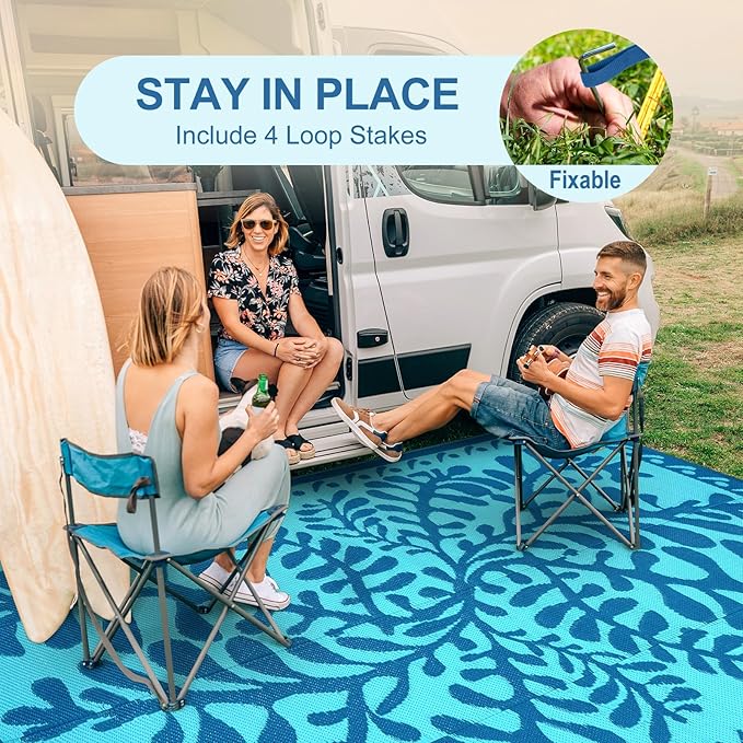 Anidaroel Outdoor Area Rug for Patio Clearance 6x9 Waterproof, Reversible Plastic Straw Rug Outside Rug, RV Mat for Camping, Porch, Balcony, Pool Deck, Backyard (Blue,6’x9’)