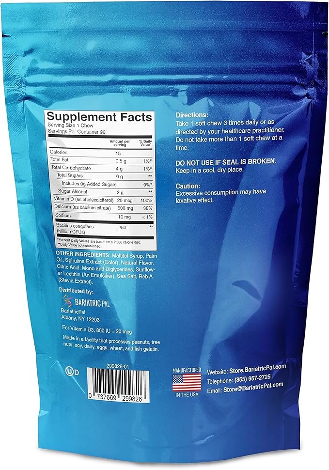 BariatricPal 90-Day Bariatric Vitamin Bundle (Multivitamin ONE 1 per Day! Capsule with 45mg Iron and Calcium Citrate Soft Chews 500mg with Probiotics - Blue Raspberry)