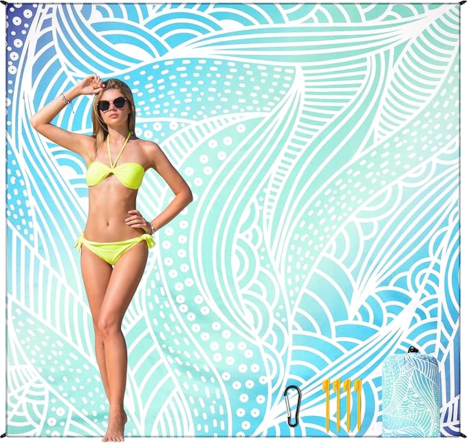 Beach Blanket Waterproof Sandproof Beach Mat 79”x 83” for 1-4 Adults Quick Drying Durable Outdoor Picnic Mat for Beach Festival Travel Camping Hiking (Gradiant Blue-Ripple, 79"×83"(4 Person))