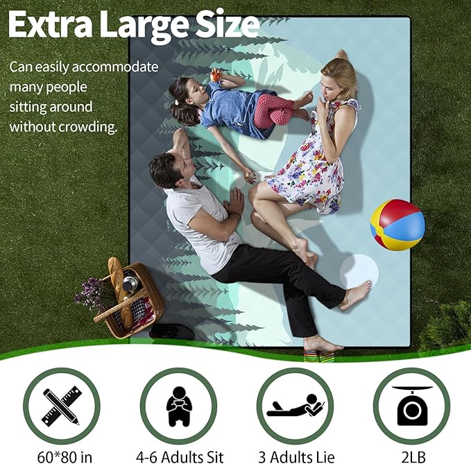 60x80'' Picnic Blankets Extra Large Waterproof Sandproof Packable Outdoor Foldable Beach Park Grass Lawn Mat Summer Camping Essentials Rv Travel Vacation Accessories Gift for Women Men Couples
