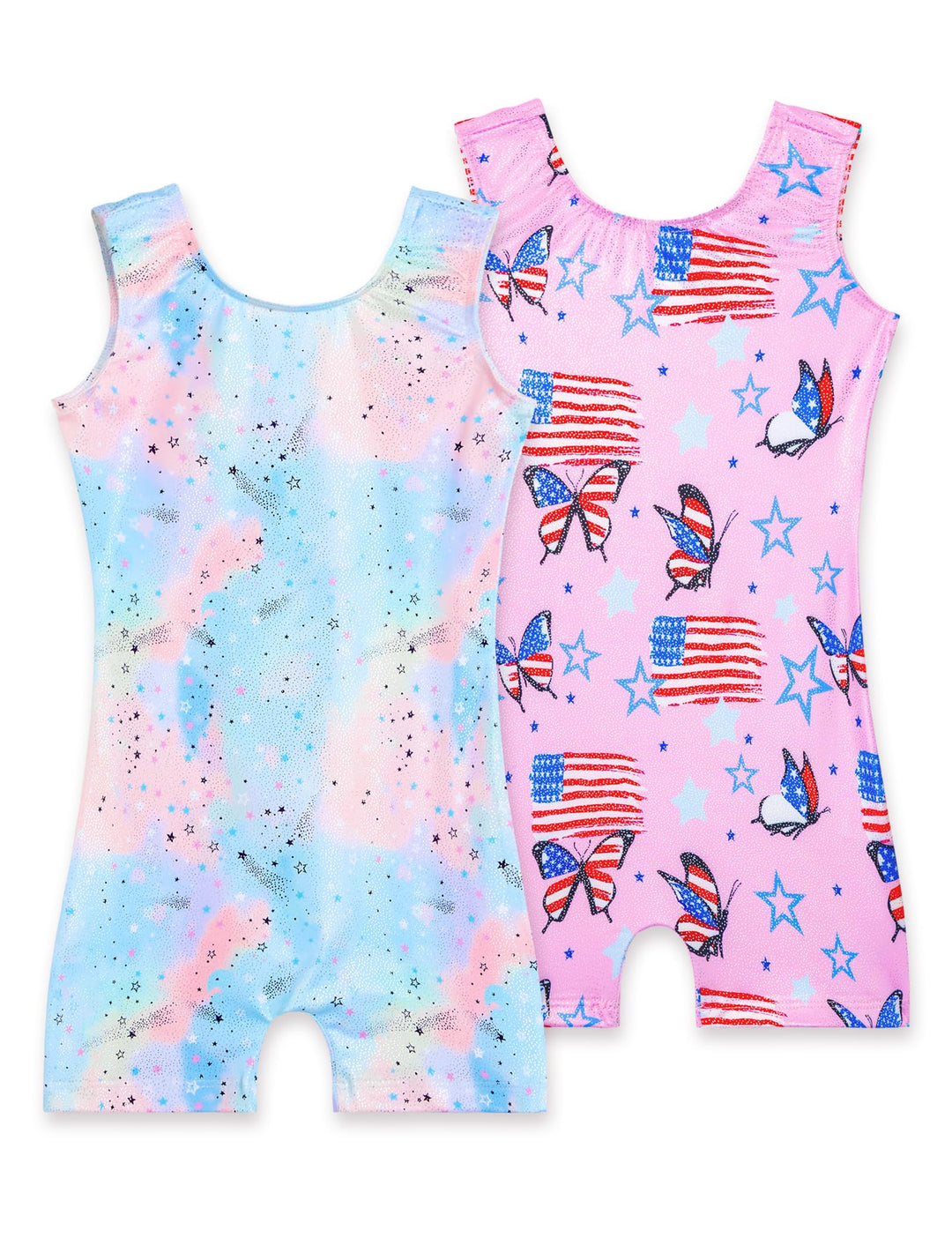 Nokecina Girls Gymnastics Leotards Pink Blue Unitards Biketards with Shorts Size 6-7 Years Old 2 Pack Sparkly Bodysuits