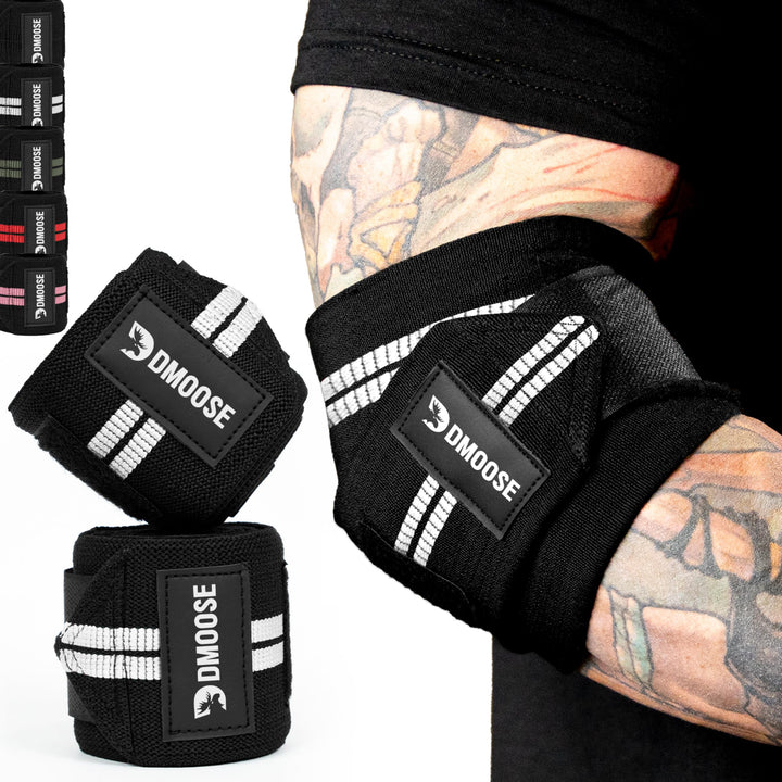 DMoose Fitness Elbow Wraps for Weightlifting, Bench Press, Cross Training & Powerlifting for Men and Women - 40" Nylon (Pair) Elbow Straps - Increases Stability of Joints and Support Injury Recovery