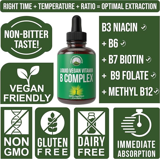 B Complex Liquid Drops Vegan Supplement. Best 5 B Vitamins with B3 Niacin, B6, B7 Biotin, B9 Folate, Methylcobalamin B12. B-Complex For Hair, Skin Nails, Energy. For Adults, Men, Women