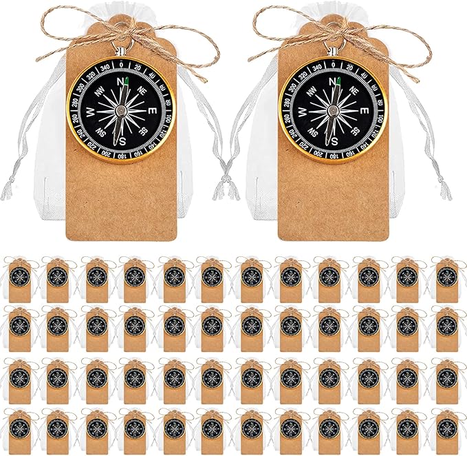 50 Sets Mini Compass Favors-Joyfulmap Compass Favors with Kraft Tags and Drawstring，Mini Compass Decorations for Weddings-Travel-Nautical-Birthday Themed Party Decorations(Golden)