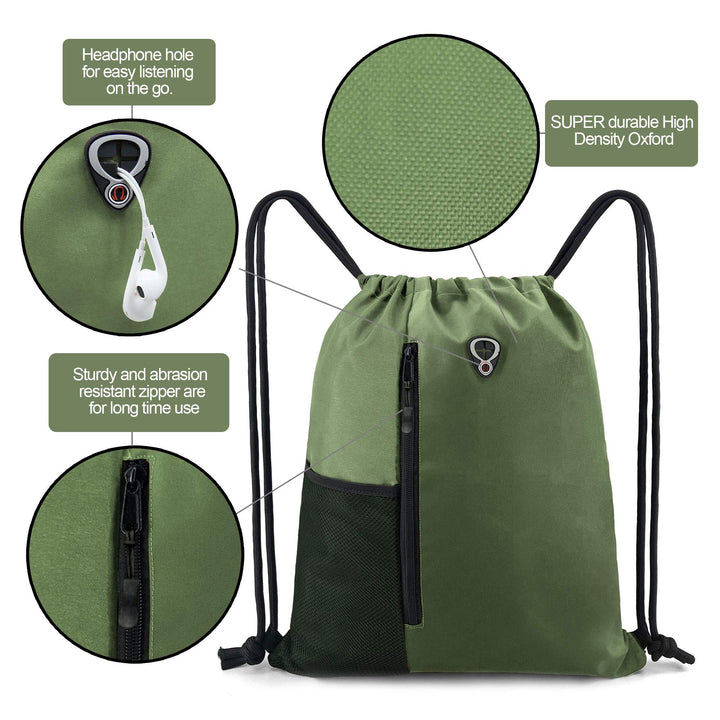 BeeGreen Green Drawstrings Backpacks Bags For Men String Backpack For Women With Water Bottle Pocket &Front Zippered Pocket Large Sackpack For Traveling Yoga Beach Outdoor Gym