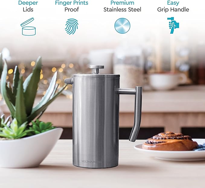Belwares French Press Coffee Maker 50 Oz – Insulated Coffee Press Stainless Steel 304 Large – Double Wall, & 4 Level Filtration System (1.5 Liter) – Silver