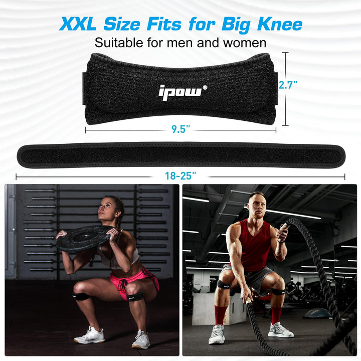IPOW 2 Pack XXL Plus Size Knee Pain Relief & Patella Stabilizer Knee Strap Brace Support for Hiking, Soccer, Basketball, Running, Jumpers Knee, Tennis, Tendonitis, Volleyball & Squats, Black