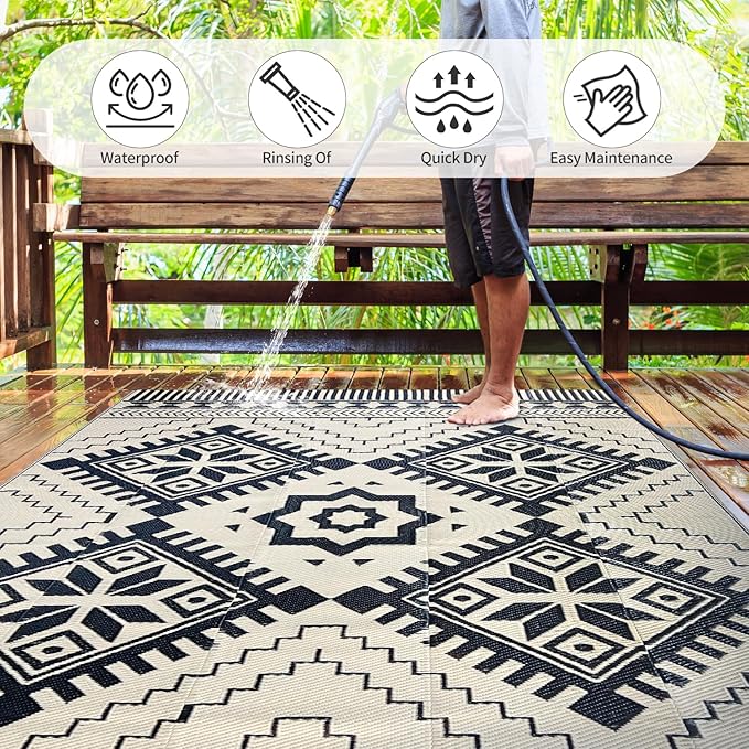 Waterproof Outdoor Rug 5x8ft, Boho Reversible Plastic Straw Mat for Patio RV Deck Porch Backyard Balcony Camping Picnic Beach Indoor Outdoor Carpet, Black&Beige