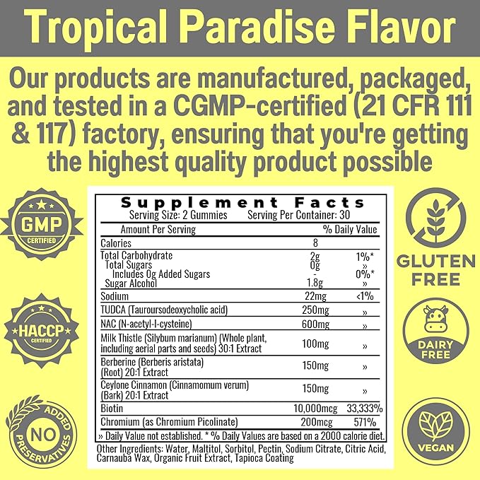 Sugar Free Gummies Gummies with Chromium Picolinate TUDCA NAC Organic Ceylon Cinnamon Milk Thistle Berberine | Capsules Powder Supplements Alt | Bile Salts N-Acetyl-L-Cysteine Biotin N-Acetylcysteine