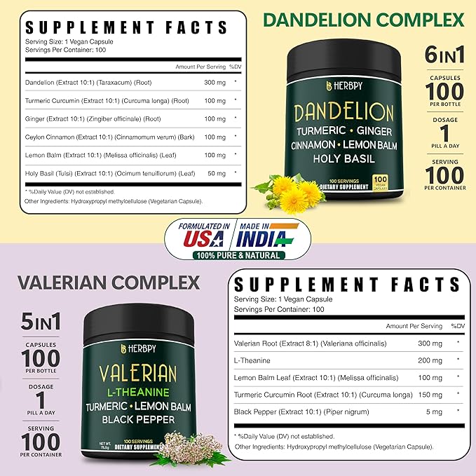 Bundle 6in1 Dandelion Supplement & 5in1 Valerian Root Supplement - Support Heart Health, Immune, Digestive, Restful Night and Relaxation