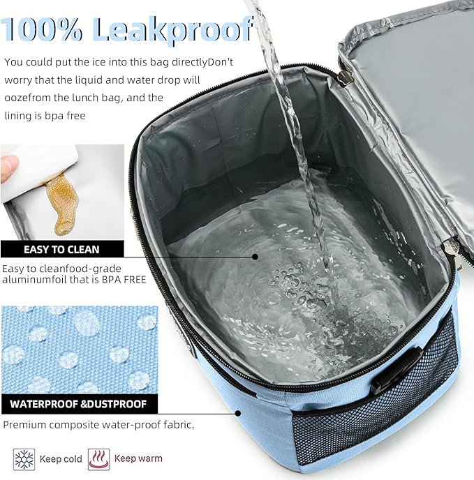 BEIMILY Lunch Box for Men/Women,Small Insulated Lunch Bag,Reusable LunchBox for work Picnic Hiking Beach,Leakproof Soft Cooler Tote Bag Organizer with Adjustable Shoulder Strap for Adults (Sky Blue)