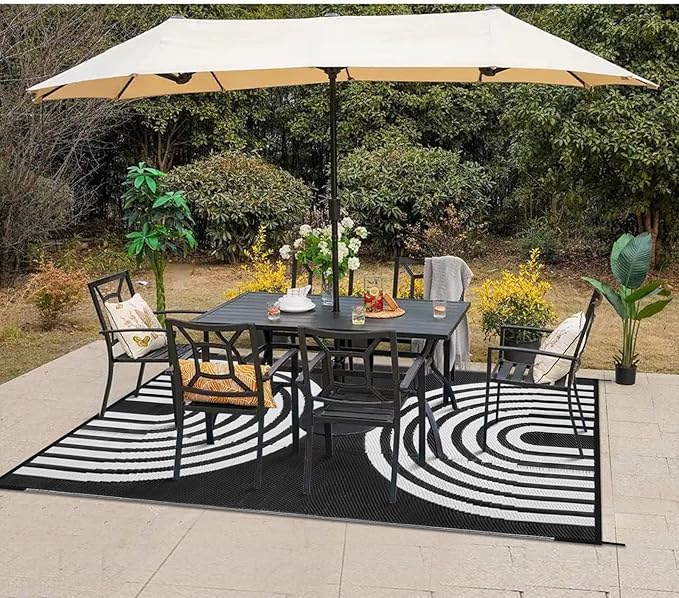 Anidaroel Outdoor Area Rug for Patio Clearance 5x8ft Waterproof, Reversible Plastic Straw Rug Outside Rug, UV Resistant RV Mat for Camping, Porch, Balcony, Pool Deck(Black&White, 5‘x8')