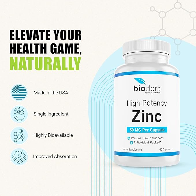Zinc High Potency, No GMO, Vitamins for Good Skin, Immune Support Supplement & Antioxidant, Vegan, 50mg Per Servings, 60 Capsules, Unflavoured