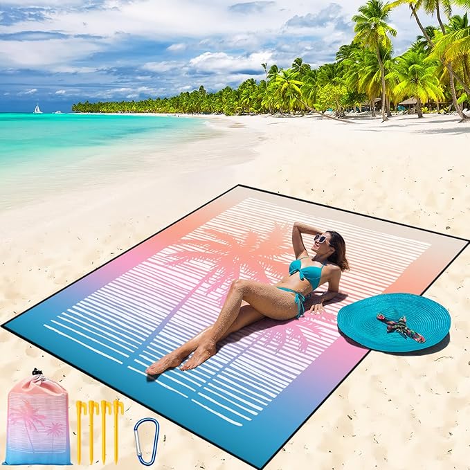 Beach Blanket Waterproof Sandproof Beach Mat 79" X 83" /10'x9'for 2-8 Adults Quick Drying Outdoor Picnic Mat Beach Accessories for Travel, Camping, Hiking