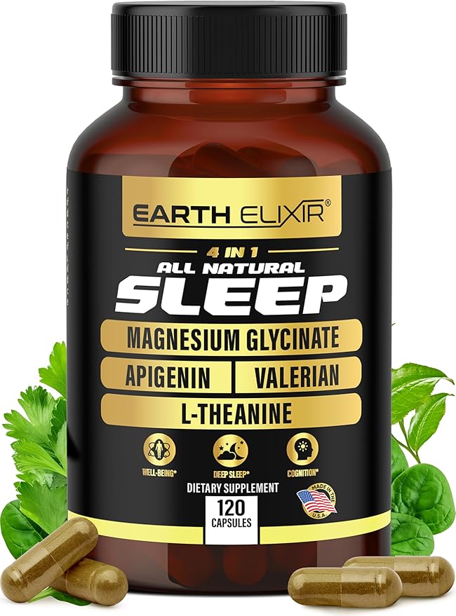 4-in-1 Sleep Aid (120 Caps) w/Apigenin 50mg, Magnesium Glycinate 200mg, L Theanine 200mg & Valerian Root for Sleep Aid 300mg | Apigenin Supplement for Sleep | Sleeping Pills