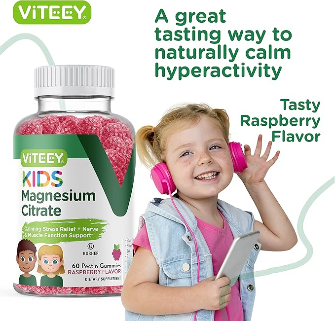 Kids Magnesium Citrate Gummies - Supports Sleep Aid, Calm Gummies, Muscle Relaxer, Optimal Relaxation - Vegetarian, Gelatin Free, Gluten Free, GMO Free - Tasty Chewable Raspberry Flavored Gummy