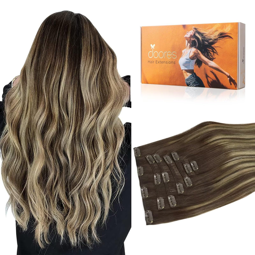 Doores Remy Human Hair Extensions Clip In Balayage Chocolate Brown To Honey Blonde 16 Inch 7Pcs 120G Clip In Hair Extensions Rea