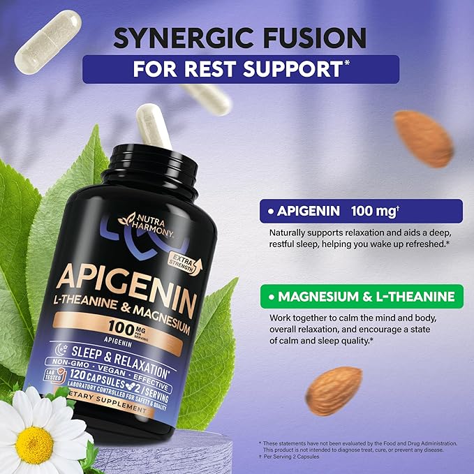 Apigenin 100mg - Apigenin Supplement for Sleep Support with L-Theanine & Magnesium - Sleep, Stress Relief & Relaxation Support for Adults - Naturally Derived from Chamomile - 120 Vegan Capsules
