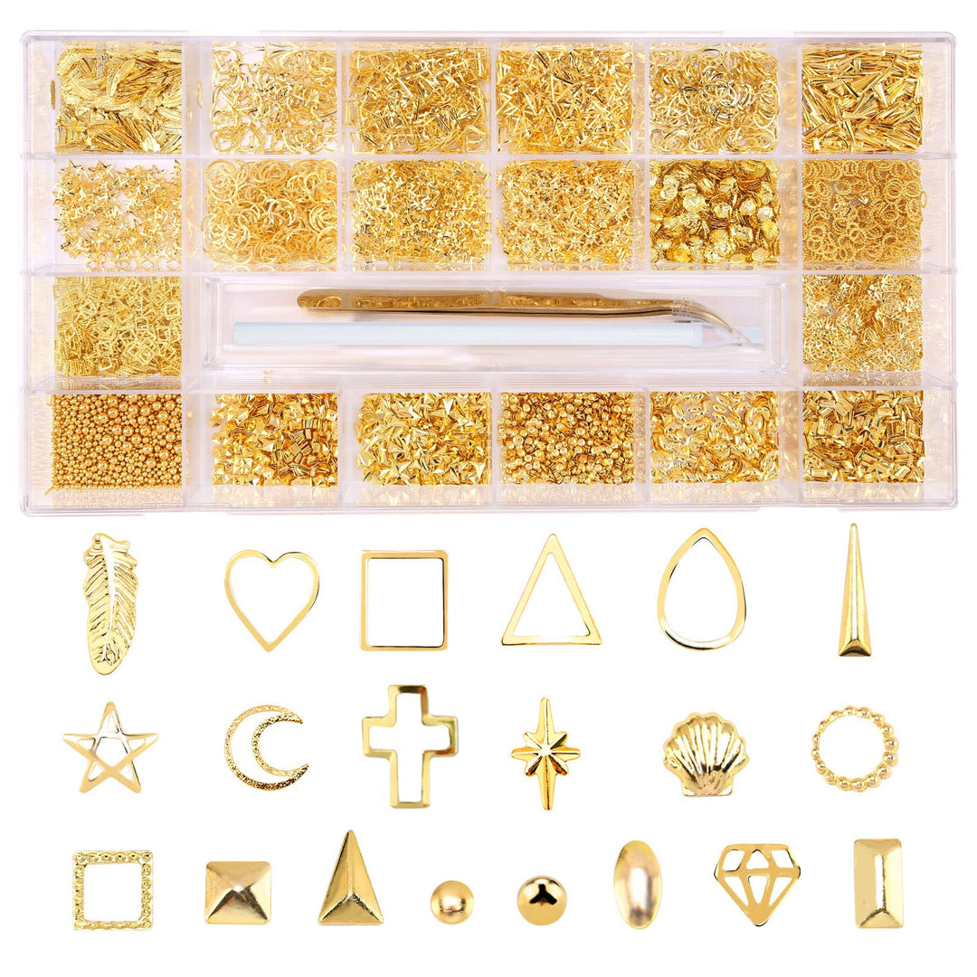 Nibiru Gold Metal Nail Art Studs Kit, 4000Pcs 3D Metal Nail Art Jewelry Decoration, Star Moon Feather Shell Multi Shapes Nail De