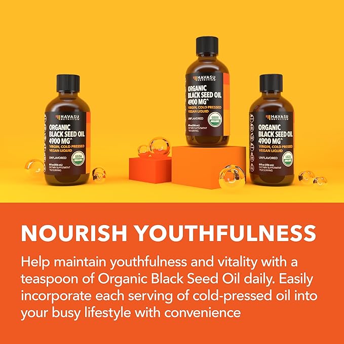 Organic Black Seed Oil Cold Pressed Liquid - 4900mg Black Cumin Supplement for Immune System Function, Digestive Support, Hair Nourishment & Overall Health - 8 Fl Oz - Unflavored, Non-GMO, Vegan