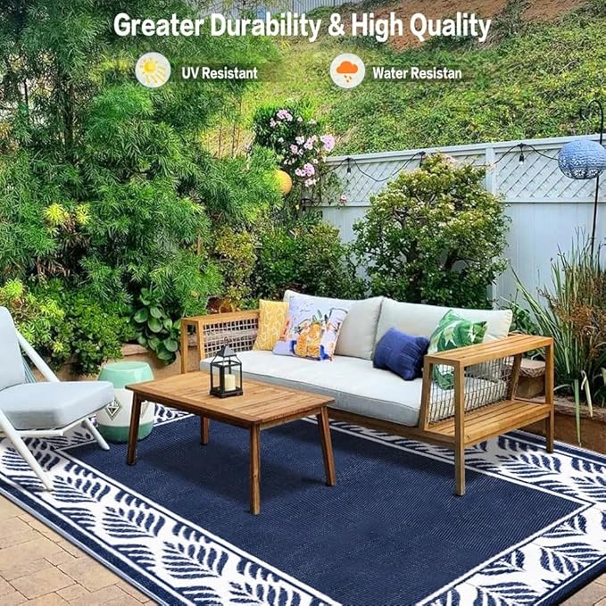 Outdoor Plastic Straw Rug, Waterproof Mat, Washable Large Floor Mat and Rug for Outdoors, RV, Beach, Patio, Camping, Backyard, Deck, Picnic, Outside (6x9ft,Olive-Leaf/Dark Blue&White)