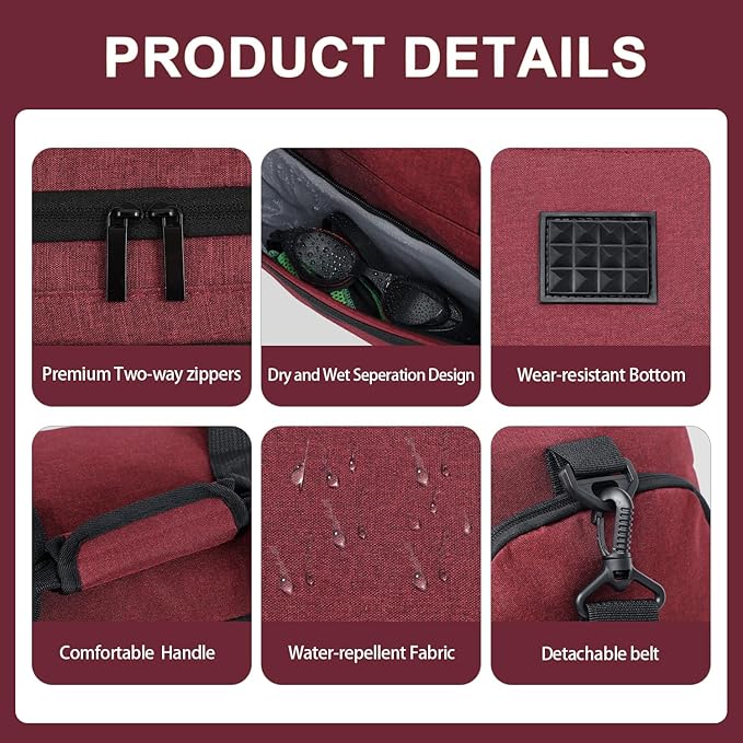 FIORETTO 35L Mens Sports Gym Bag with Toiletry Bag & Shoe Compartment, Travel Duffle Bag Overnight Bag with Padded Shoulder Strap, Sports Holdall for Swimming, Basketball Red