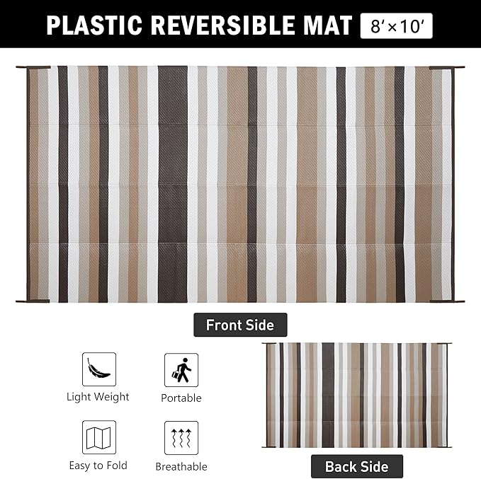 Outdoor Waterproof Rug 8'x10' Plastic Straw Rugs Washable Reversible Floor Mat Brown Stripe Carpet for Camping RV Deck Entryance Porch Picnic Balcony Beach Backyard