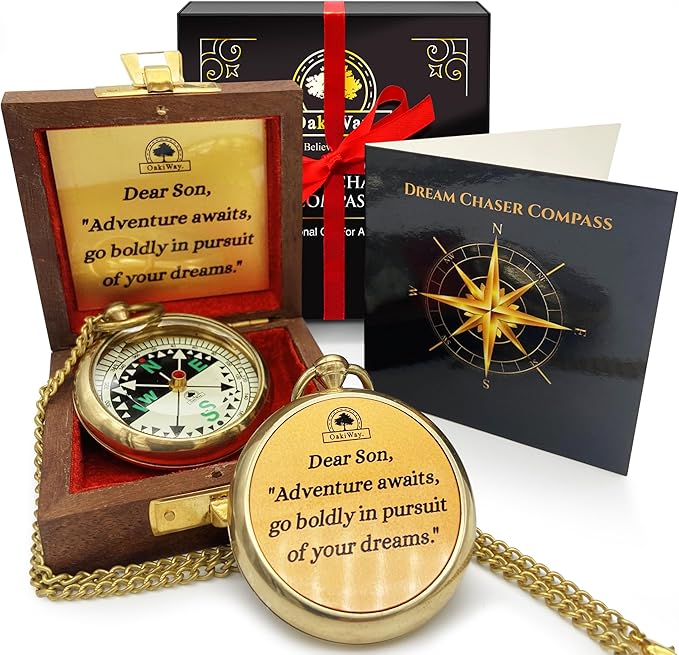 The Dream Chaser Compass in Wooden Box - 2025 Graduation Gifts for Him, College, High School, Birthday Gift Idea for Son, Boys, Daughter - Greeting Card Included, Inspirational, Motivational Present