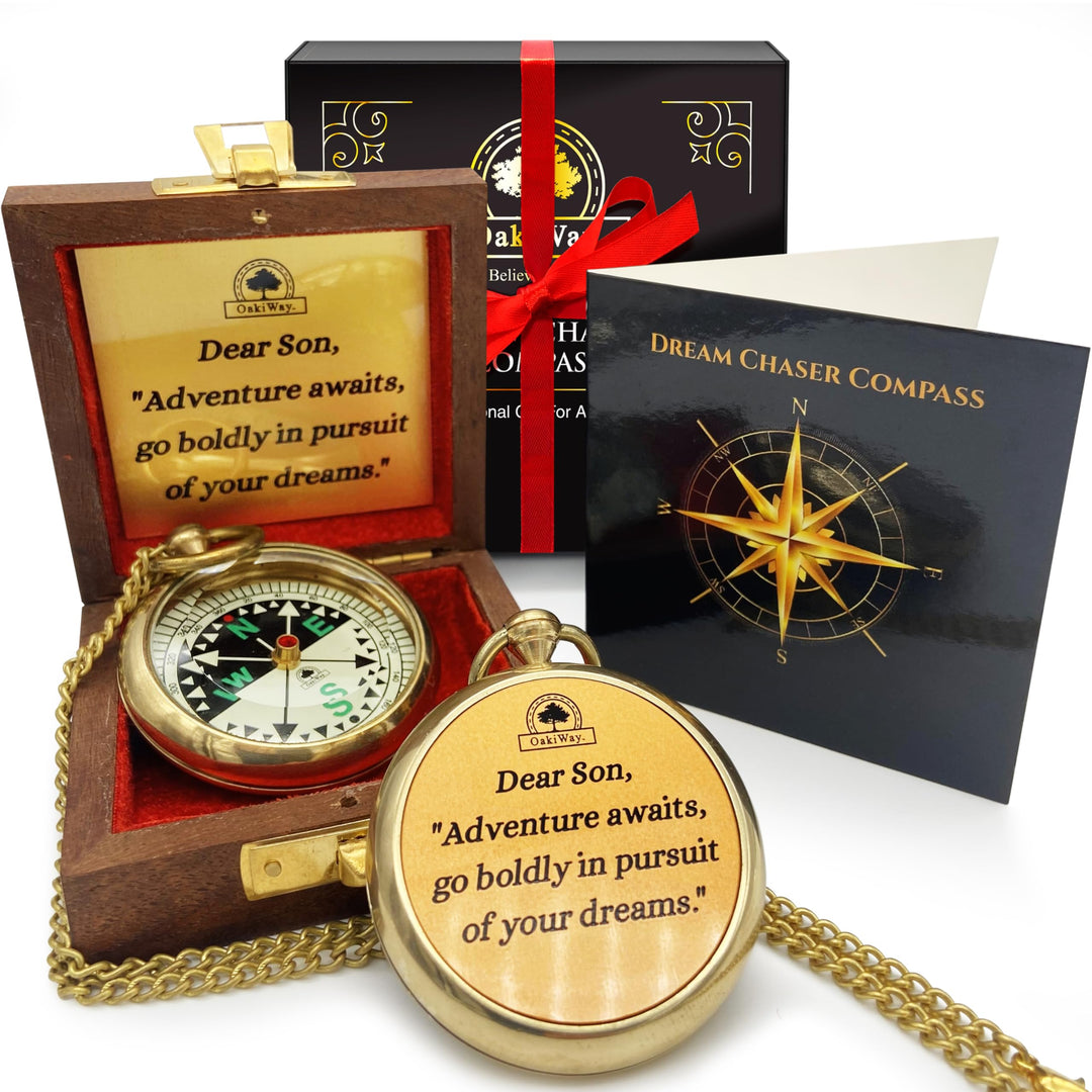 The Dream Chaser Compass in Wooden Box - Son Gifts, Graduation Gifts for Him, Birthday Gifts for Men, Inspirational, Motivational, Christmas, 2024 College Graduates, Grandson - Greeting Card Included