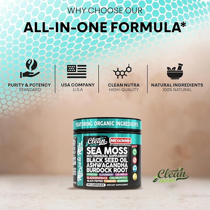 Clean Nutra Sea Moss Capsules with Ashwagandha, Black Seed Oil, Burdock Root, Bladderwrack, Moringa, Chlorella, Spirulina, Turmeric, Elderberry, Amla – 90 Vegan Capsules – MiracleMin