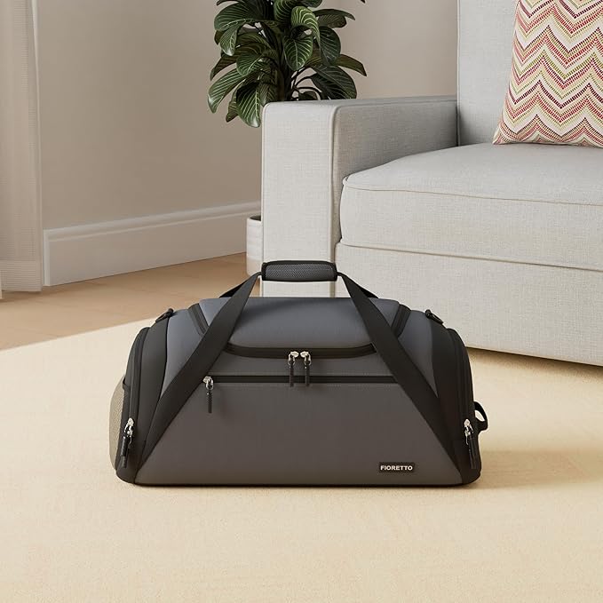 FIORETTO 43L Mens Sports Gym Bag with Wet Pocket & Shoe Compartment, Travel Duffle Bag Overnight Bag with Padded Shoulder Strap, Holdall for Swimming, Basketball, Football Grey