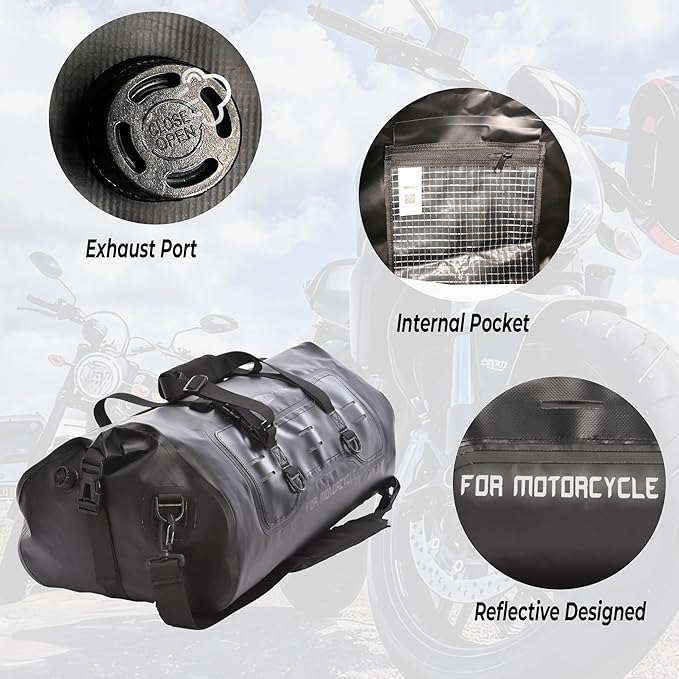 40L Waterproof Motorcycle Duffel Bag - Motorcycle Luggage Tail Bag with Straps for Back Seat - Roll Top Dry Bag for Kayaking, Rafting, Boating, Camping, Travel, Beach (Black)